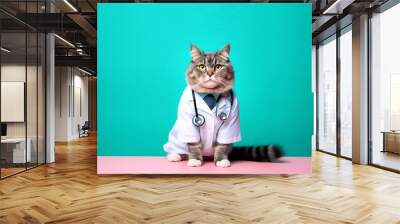 Cat doctor concept. Cat with phonendoscope isolated on gradient turquoise background. Profession. Bright background. AI generated. Wall mural