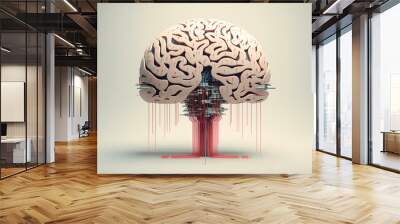 Robot AI brain with red cables on pastel background. Artificial intelligence, futuristic digital technology human and robot face close up, digital smart world metaverse. AI generated Wall mural