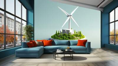 Wind mill, wind turbine. Renewable wind energy. Green alternative energy concept. Cartoon model wind power station with long vanes near green forest. Minimal background. AI generated Wall mural