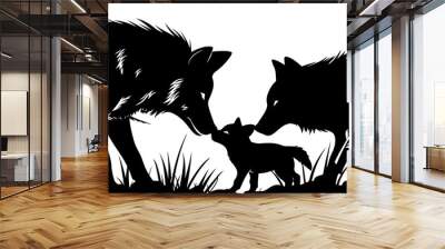 Silhouette illustration of two adult wolves nuzzling a wolf pup in a natural setting with grass and foliage, depicting a tender family moment and protective behavior. Wall mural