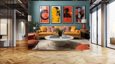 A retro-inspired modern home interior with a mix of vintage contemporary elements and bright orange accent wall and mid-century modern furniture generative ai Wall mural