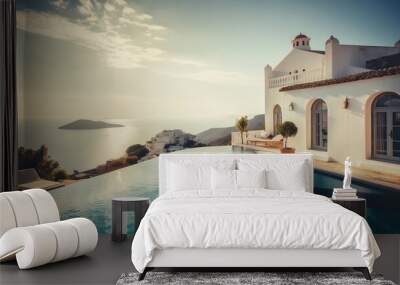 Traditional Mediterranean white house with pool and stunning sea view generative ai Wall mural