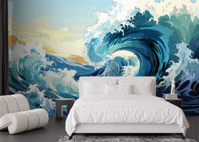 Big wave in a raging sea. A strong storm in the ocean. Big waves. Blue tones. The power of raging nature. Seascape, artwork. Vector illustration design Wall mural