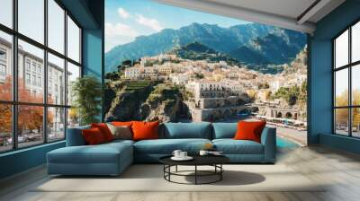 Landscape with Atrani town at famous Amalfi coast, Italy, sunlight, bright, blue water ai generative Wall mural