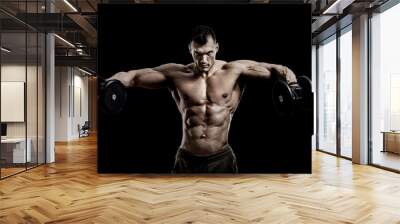 man - bodybuilder, execute exercise with weight dumbbells Wall mural