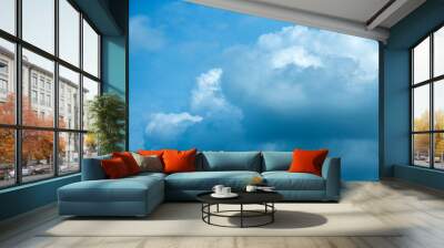 Summer blue sky cloud gradient light white background. Beauty clear cloudy in sunshine calm bright winter air bacground. Gloomy vivid cyan landscape in environment day horizon skyline view spring wind Wall mural