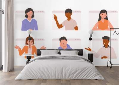 Conference call and remote meeting concept. Company co-workers sprint. Flat vector illustration with people chatting online Wall mural