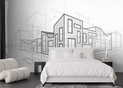 Linear abstract architectural sketch corner modern office building Wall mural