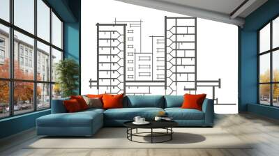 Linear architectural sketch of multistory building. Sectional drawing Wall mural