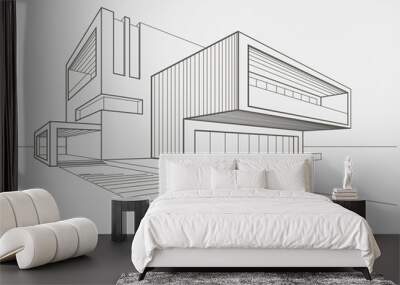 linear sketch modern building on light gray background Wall mural