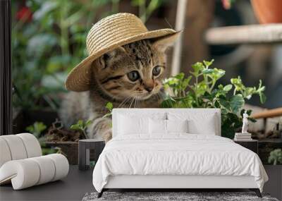 a cat in a straw hat tending to a small garden of catnip and other catfriendly plants, using gardening tools that are comically small and perfectly catsized Wall mural