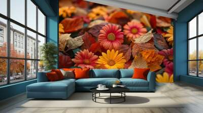 Autumn Leaves and Flowers: A colorful mix of autumn leaves and late-blooming flowers scattered on the ground, highlighting the beauty of the changing seasons. Wall mural