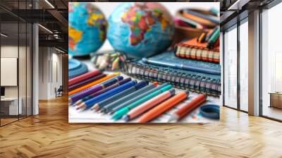 Detailed close-up of a teacher's desk in a classroom, showcasing school supplies like a globe, pens, and a planner, all isolated on a clean white background. Wall mural