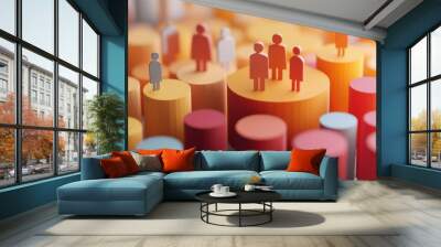 Colorful bar graph representing data analysis with human figures on top, symbolizing workforce, statistics, and demographics. Wall mural