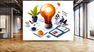 Creative brainstorming session with innovative ideas, represented by a lightbulb and business documents, among colleagues and office plants. Wall mural