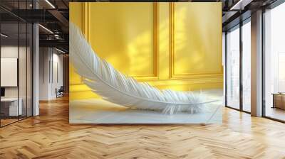 Illustration of a 3D render of a single floating feather in a bright yellow background.  Wall mural