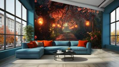 Orange light bathed the trees in the forest as the sun set behind the horizon. Wall mural