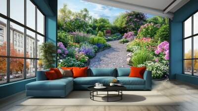 Peaceful Garden Scene: Illustrate the tranquil beauty of a peaceful garden with blooming flowers, greenery, Wall mural