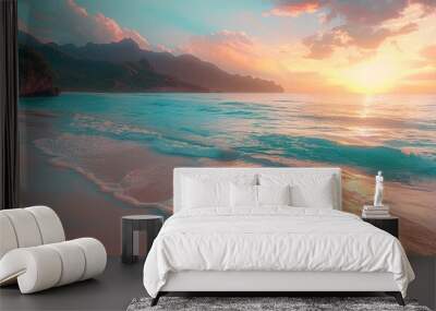 Tranquil Beach Scene: Capture a tranquil beach scene with clear waters, sandy shores, and a stunning sunset, Wall mural