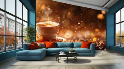 Warm coffee cup surrounded by rich brown beans, vibrant steam swirls, and tasty pastries, perfect for a cozy background with appetizing vibes Wall mural