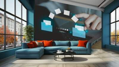 Hand touch on document for Send of document on internet. Data transfer, Transfer file of data between folder, Backup data, Exchange of file on folder,  DMS. Virtual document loading to another folder. Wall mural