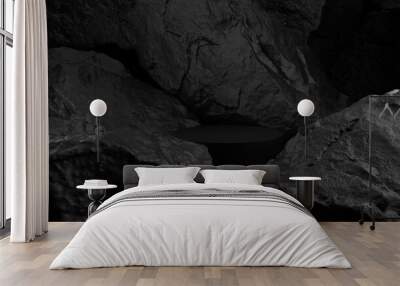 cosmetic stand and black rock in black background,3d rendering Wall mural