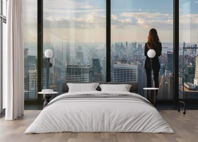 A professional woman standing in front of a large window with a cityscape view, with ample space for copy space on the right side. Wall mural