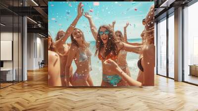 a vibrant beach party where a group of stylish teenage girls is celebrating under the sun, enjoying the perfect mix of music, laughter, and beach vibes Wall mural