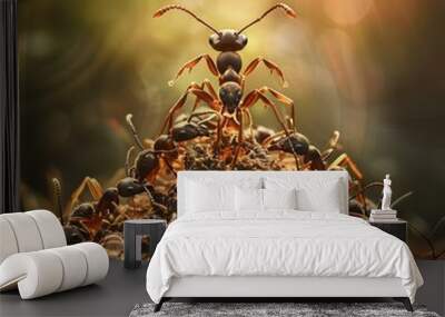 Ant Queen Surrounded by Devoted Worker Ants Ensuring Colony Survival and Prosperity Wall mural