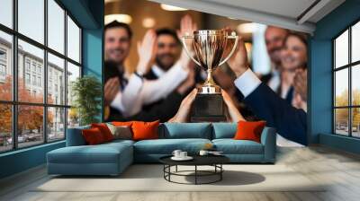 Business Team Celebrates Prestigious Award Victory with Trophy Amidst Applauding Colleagues Wall mural