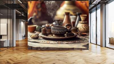 Elegant Ethiopian Coffee Ceremony with Traditional Jebena Pot and Ornate Setup Wall mural