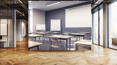 Modern Classroom Setup with Desks and Whiteboard Wall mural