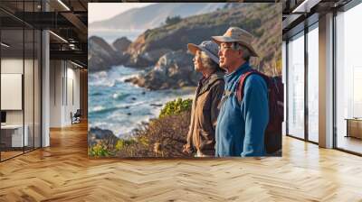 Senior couple asian admiring the scenic Pacific coast while hiking Wall mural