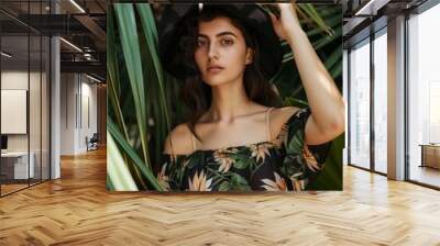 Stylish Summer Vibes - Fashion Model Posing in Tropical Paradise with Copyspace Wall mural