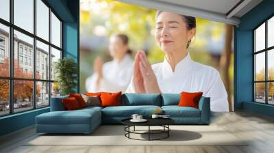 Woman Practicing Tai Chi in a Serene Outdoor Setting Wall mural