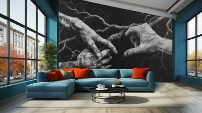 A black and white illustration depicting two hands gently holding intertwined branches, symbolizing connection and nature, Intertwined, connected limbs in a harmonious composition, AI generated Wall mural