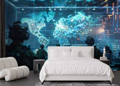 A conceptual image illustrating the evolution of cybersecurity, featuring digital locks and protective measures in a modern setting. A holographic command center coordinating military operations,  Wall mural