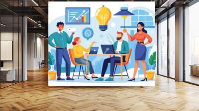 A diverse team of four people collaborates on a project in a modern office setting, with a large light bulb symbolizing innovation. Wall mural