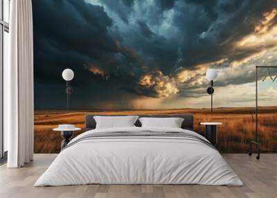 A dramatic thunderstorm over a prairie landscape, AI generated Wall mural