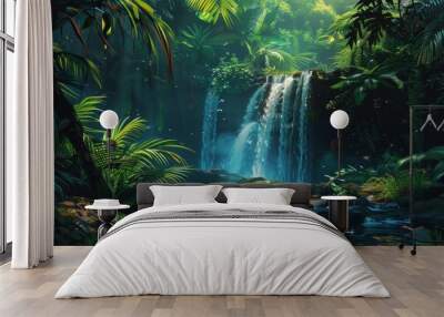 A lush jungle waterfall with rocks and foliage, Capture the allure of a hidden waterfall in a remote jungle. Ai generated Wall mural