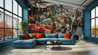 A man navigates through a lively market, where numerous vegetables are showcased for sale, Capture the hustle and bustle of a market opening in the early morning. AI generated Wall mural