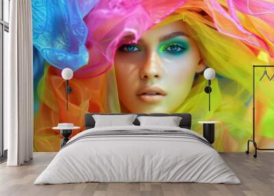 A model is surrounded by vibrant, flowing fabrics in a mix of bright colors. Her bold makeup features striking hues that enhance her captivating expression and artistic look. Wall mural