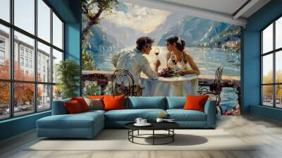 A painting illustrating two individuals on a balcony, overlooking a vibrant vineyard bathed in warm sunlight, A married duo enjoying a glass of wine together on a scenic balcony. Ai generated Wall mural