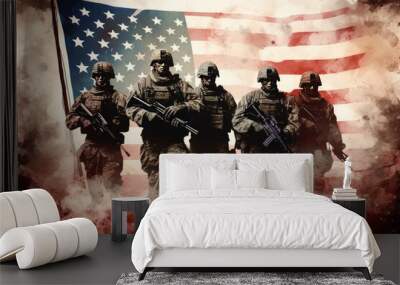 A powerful image of a group of soldiers united over us flag, soldiers with weapon pose for photo, men in modern uniform. Portrait of group of military, Ai generated Wall mural