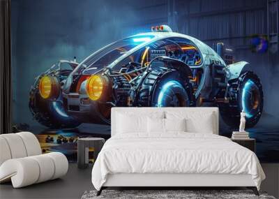 A sleek futuristic car illuminated by vibrant glowing lights, showcasing advanced design and technology, A self-repairing vehicle equipped with nanotechnology for continuous maintenance. AI generated Wall mural