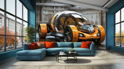 A sleek futuristic car illuminated by vibrant glowing lights, showcasing advanced design and technology, A self-repairing vehicle equipped with nanotechnology for continuous maintenance. AI generated Wall mural