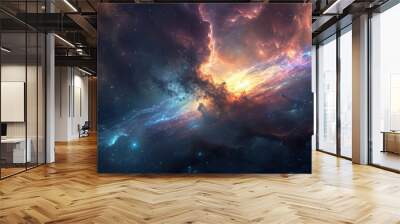 A stunning depiction of the universe, showcasing galaxies, stars, and planets in a vast cosmic landscape, Sparkling Stars and Nebulas, abstract background with stars and blurry lights, AI generated Wall mural