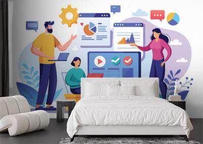 A team of three people are collaborating using laptops and computer displays, analyzing data and sharing information. Wall mural