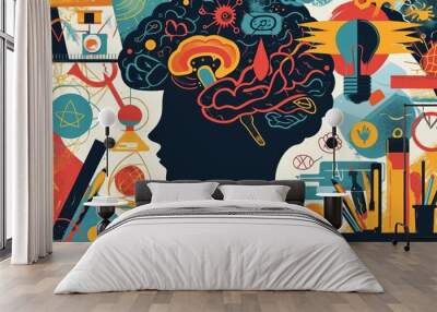 A visual illustration of a teenager's brain studying different subjects concept, Ai generated Wall mural