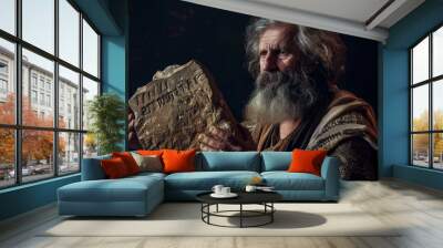 A wise-looking scholar holds a weathered stone tablet, studying its ancient inscriptions intently. The soft lighting enhances the mystique of his focused expression. Wall mural